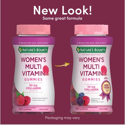 Nature's Bounty Optimal Solutions, Women's Multivitamin Gummies for Immune Support, Cellular Energy Support, Bone Health, Raspberry Flavor, 140 Ct, 70 Total Servings