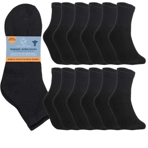 Special Essentials 12 Pairs Cotton Diabetic Ankle Socks - Non-Binding With Extra Wide Top For Men and Women Black 10-13