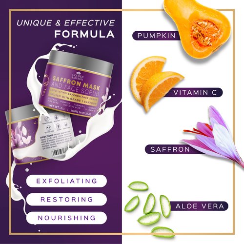 Golden Saffron Exfoliating Face Mask & Scrub, Brightening and Deep Cleanser, Minimizes Pores and Blackheads, Reduces Hyperpigmentation, All Skin Types, Gluten-free– 2 OZ