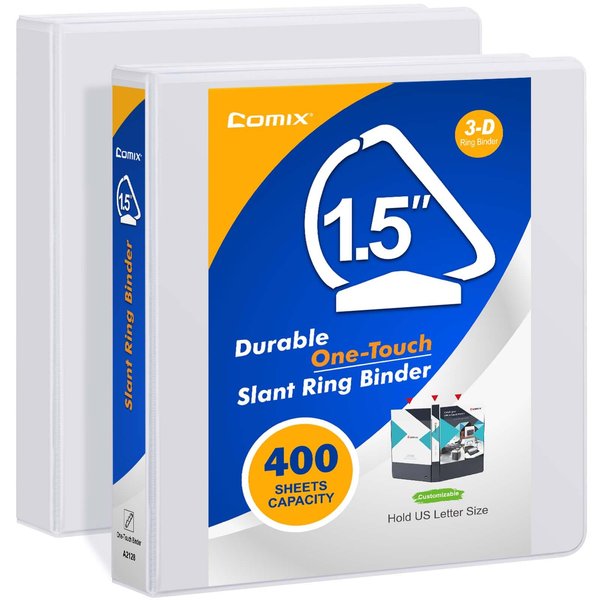 Comix 1.5 Inch Durable One Touch View Binder 3 Ring, 1.5" Slant D Ring Binder, Holds US 8.5" x 11" Paper, 2 Packs (White)