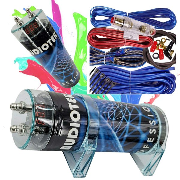 Audiotek at-3.5 3500 Watts 3.5 Farad Power 12Volt Digital Power Car Audio Capacitor and Complete 1500 Watts 8 Gauge Car Amplifier Installation Wiring Kit Blue