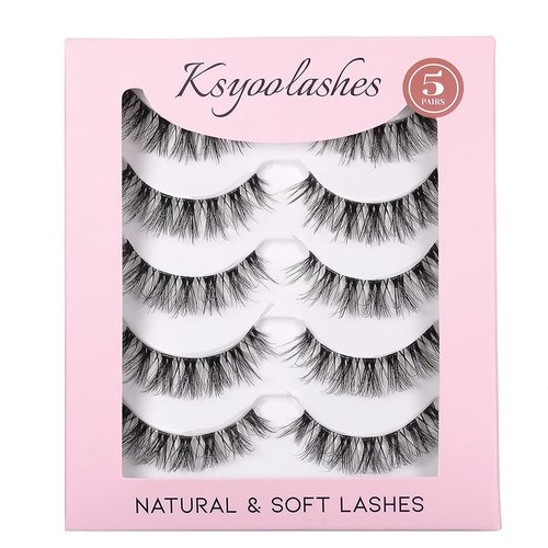 KSYOO Cat Eye Lashes Wispy Natural Look, D Curl 6-12mm Clear Band 3D Natural False Eyelashes Multipack (B5 Clear Band, 5 Pair (Pack of 1))