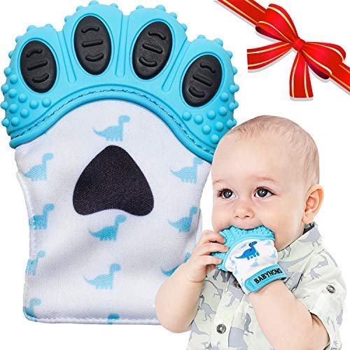 BabyNoms ® Teething Mitten | The Original Teething Paw | Safe Silicone Teething Toy or Teething Ring Provides Self-Soothing Teething Relief | Dino Blue Teether