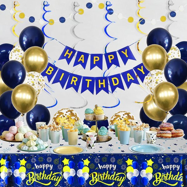 Navy Blue Gold Birthday Decorations for Men, Happy Birthday Banner Balloons with Tablecloth Circle Dots Garland Swerls Latex Confetti Balloons Birthday Party Decorations for Boys Girls Kids