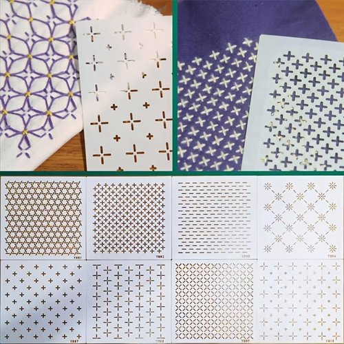 8pcs/Set Drawing Sashiko Stencils & Quilting Templates Set - 4.72inch Reusable PET Traditonal Patterns for Embroidery, Home Decor, Fabric Crafts