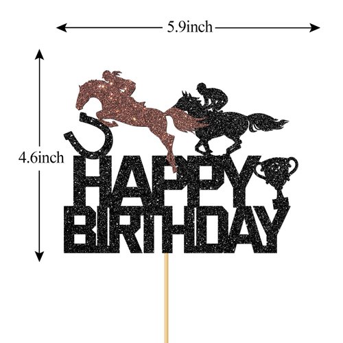 MonMon & Craft Horse Racing Happy Birthday Cake Topper/Western Cowboy Birthday Cake Decor/Baby Shower/Equestrian Theme Birthday Party Decorations - Black Glitter (Horse Racing)