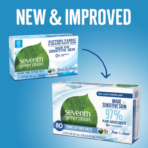 Seventh Generation Dryer Sheets Laundry Fabric Softener, Free & Clear Made for Sensitive Skin, 80 Sheets