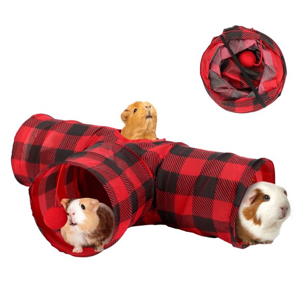 YUEPET Guinea Pig Tunnel and Tube Collapsible 3 Way Guinea Pig Hideout with Classic Christmas Style, Small Animal Tunnel for Guinea Pig Ferret Hamster Chinchilla