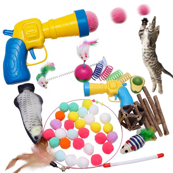 Glamflapin Cat Toys Bulk for Indoor Cats - Cat Ball Launcher Gun, Cat Wand, Catnip Toys Balls, Catnip Fish, Mice, Cat Spring Toys, Colorful Balls and Bells for Cat