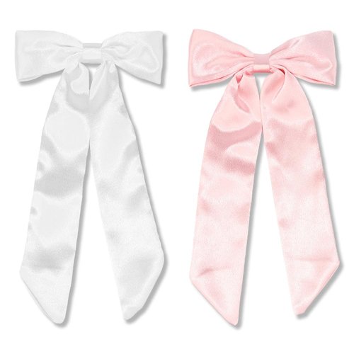 Ahoney 2Pack Satin Hair Bow Hair Clips for Women Girls, Hair Ribbons for Hair Ponytail Cute Hair Ties with Long Tail, Bow for Hair Accessories Bow Barrettes Women (Pink&White)