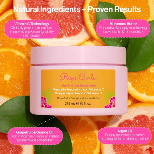 Rizos Curls Vitamin C Hair Repair Mask, Deeply Moisturizes & Hydrates, Softens & Minimize Frizz while Adding Shine, For Dry Damaged Hair, Infused with Shea Butter, 10 oz