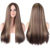 CanLux Long Straight Wig Brown Synthetic Wig with Blonde Highlight Wig for Women Middle Part Wig Cosplay Full Hair Wigs with Wig Cap -26 inch
