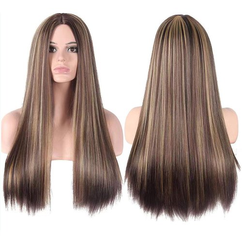 CanLux Long Straight Wig Brown Synthetic Wig with Blonde Highlight Wig for Women Middle Part Wig Cosplay Full Hair Wigs with Wig Cap -26 inch