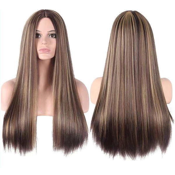 CanLux Long Straight Wig Brown Synthetic Wig with Blonde Highlight Wig for Women Middle Part Wig Cosplay Full Hair Wigs with Wig Cap -26 inch