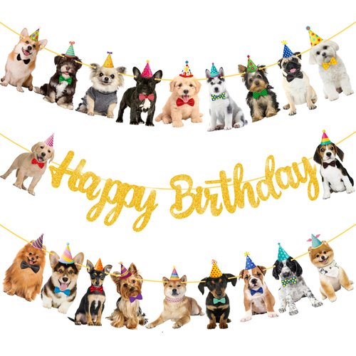 Dog Happy Birthday Banner Decorations Baby Dog Birthday Party Supplies Gold Glitter Puppy Birthday Banner Decorations for Pet Dog Theme Party Bunting Decoration Baby Shower Party Supplies