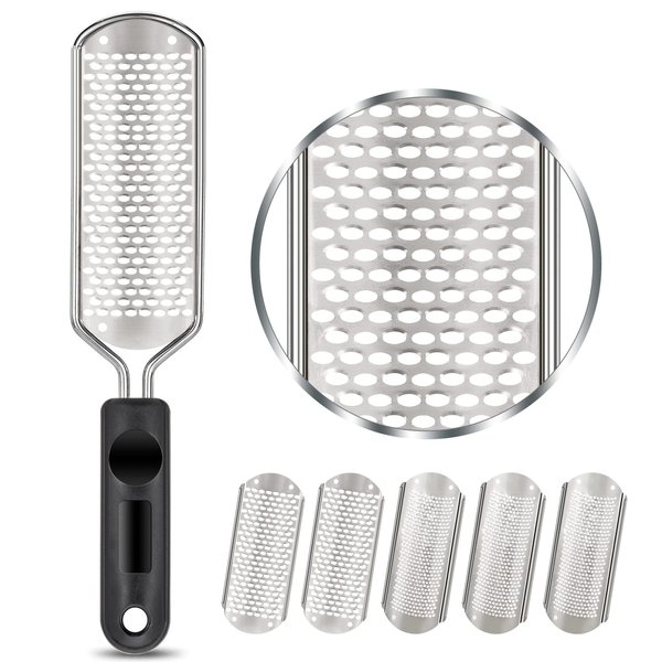 Ombsyej Foot File with Replacement Blades, 6 Pcs Detachable Foot File Callus Remover for Feet Scrubber Hard Skin Remove Stainless Steel for Wet and Dry Feet