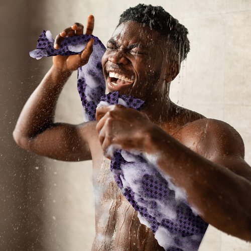 myHomeBody Extra Long Exfoliating Washcloth, Exfoliating Body Scrubber, Exfoliating Towel, 3D Texture Obsidian and Raisin Dots, Set of 2 with Silicone Facial Brush