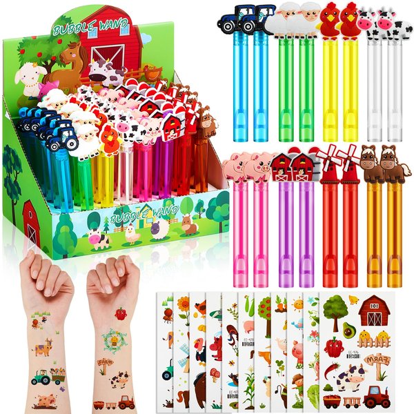 Simgoing 48 Pcs Farm Animals Bubbles Animals Party Favors Mini Bubble Wand 12 Sheets Farm Temporary Tattoos Stickers Barnyard Animal Theme Party Favors for Birthday Holiday Goodie Bag Stuffers Gift