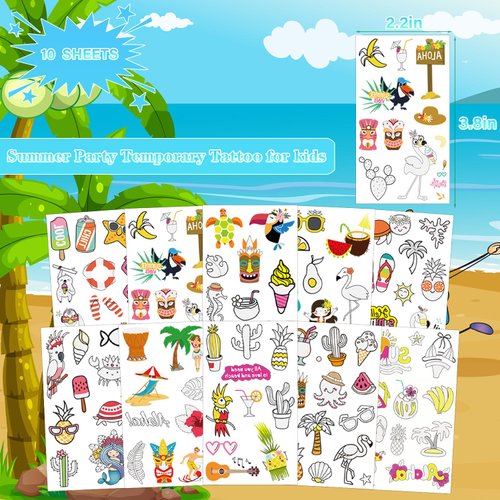 UVUXO Summer Party Temporary Tattoo for kids - 10 Sheets Hawaiian Luau Themed Temporary for Girls Boy Body Arm Shoulder Cute Tattoos Stickers, Birthday Party Supplies Gifts for Kids