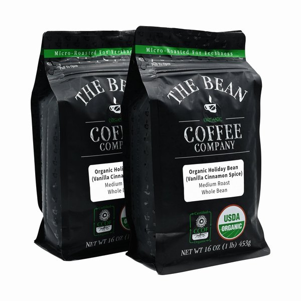 The Bean Organic Coffee Company Holiday Bean (Vanilla Cinnamon Spice), Medium Roast, Whole Bean Coffee, 16-Ounce Bags (Pack of 2)