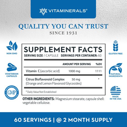 Vitaminerals ® C MAX Antioxidant Support 1,000 mg Vitamin C, with Bioflavanoids - Veggie Capsules (60 Vegetarian Capsules)