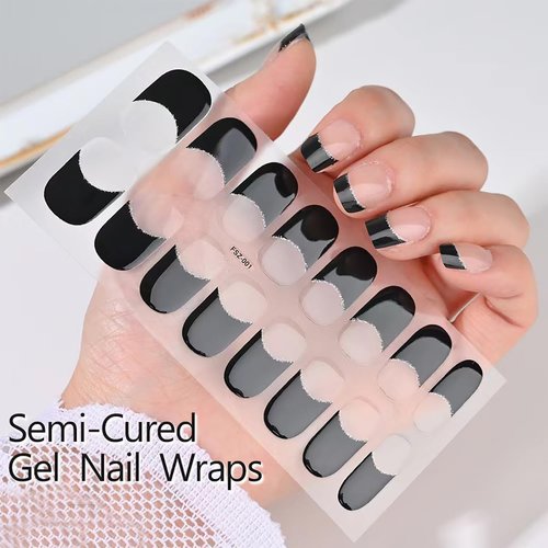 Semi Cured Gel Nail Strips French Tip Nail Polish Strips Self-Adhesive Gel Nail Black French Nail Polish Stickers 16 Pcs Glitter Gel Nail Wraps for Women Girls Manicure Nail Decoration