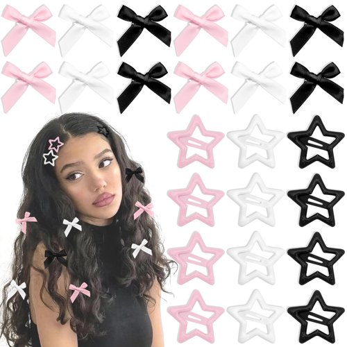 YAEISM 24PCS Bow Hair Clips 3 Colors Star Hair Clips Satin Mini Hair Bow Clips Y2K Star Barrettes Bowknot Star Metal Snap Hair Accessories for Women Girls