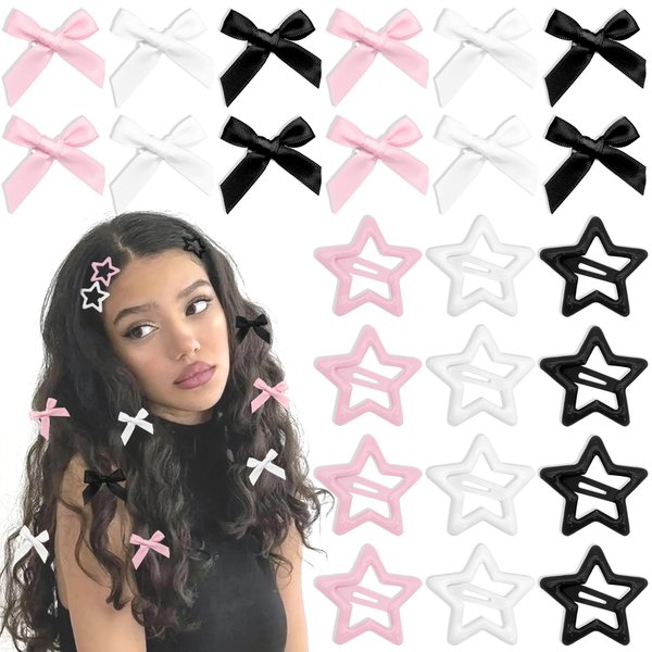 YAEISM 24PCS Bow Hair Clips 3 Colors Star Hair Clips Satin Mini Hair Bow Clips Y2K Star Barrettes Bowknot Star Metal Snap Hair Accessories for Women Girls