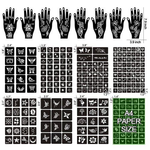 16 Sheets Henna Tattoo Stencils Kit Reusable for Women Girls and Kids,150+ PCS Tattoo Templates,Temporary Indian Arabian Glitter Airbrush Tattoo Stencils for Face Body Paint DIY