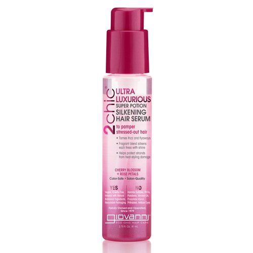 GIOVANNI 2chic Ultra-Luxurious Super Potion Silkening Hair Serum, 2.75 oz. - Cherry Blossom & Rose Petals, Aloe Vera, Pro-Vitamin B5, Smooths Curly & Wavy Hair, Paraben Free, Color Safe.