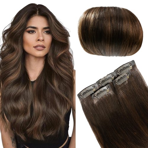 FUBILI Clip in Hair Extensions Remy Hair with Invisible Pu Weft Balayage Dark Brown to Chestnut Brown Seamless Real Human Hair 18Inch 30g 5pcs Natural Long Straight Hair Extensions for Women