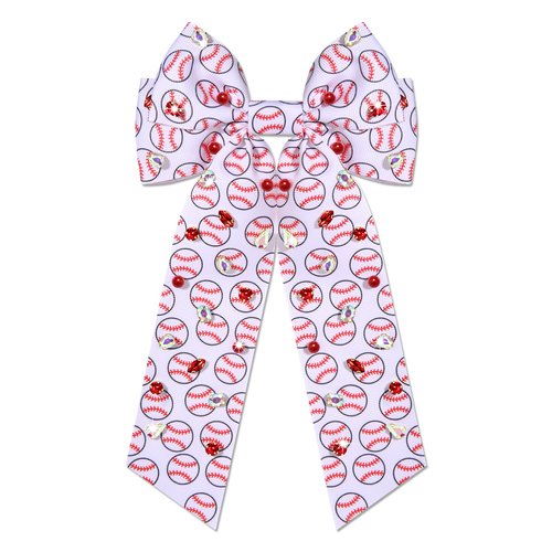 Boderier Baseball Bows for Women Girls Long Tail Satin Ribbon Bow Barrette Hair Clip Game Day Baseball Sports Fan Hair Accessories for Women Favor Gifts Baseball-White