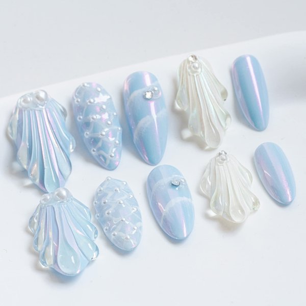Sun&Beam Nails Handmade Press On Nail Medium Long Almond Oval Blue White Pearl Shell Fake Tip 3D Design Art Charms Cute with Storage Box 10 Pcs (Blue-S)