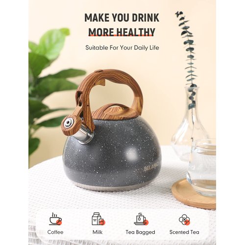 Tea Kettle, 2.7 Quart BELANKO Teapot for Stovetops Wood Pattern Handle with Loud Whistle Food Grade Stainless Steel Tea Pot Water Kettle - Gray