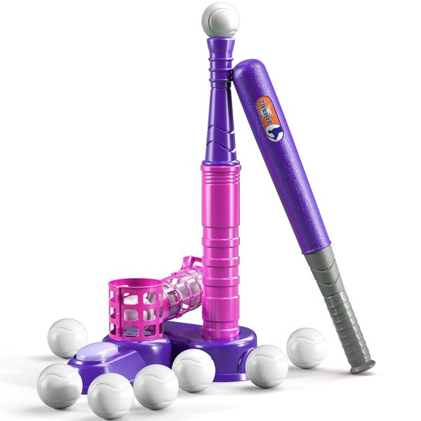 TEMI 2 in 1 Tee Ball Set for Kids 3-5|5-8, Kids Baseball Tee, T-Ball Set with 10 Balls, Step on Pitching Machine, Batting Tee, Outdoor Sport Toy Games for 3 4 5 6 7 8 Year Old Boys Girls Kids Toddler