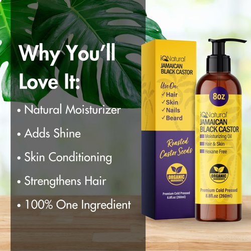 IQ Natural Jamaican Black Castor Oil for Hair Growth and Skin Conditioning, 100% Pure Cold Pressed, Scalp, Nail and Hair Oil - (Unscented) (8oz)