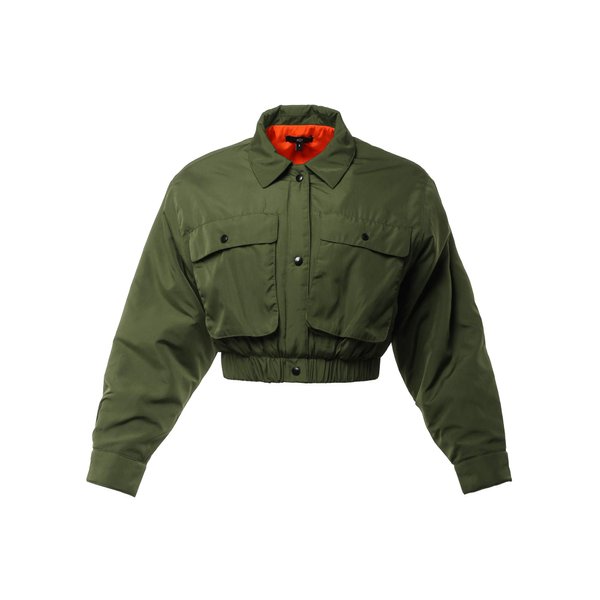 Cropped Front Two Pocket Snap Quilted Padding Bomber Jacket Olive L