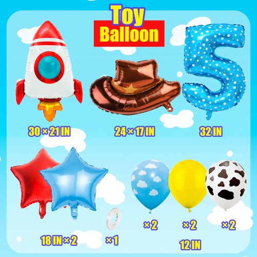 Toy Themed Number 5 Balloon, Happy Birthday Balloon, Colorful Balloons with Rocket Balloon and Cowboy Hat Balloon, Rainbow Balloons for Kids Birthday Party (5)