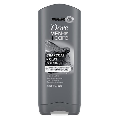 Dove Purifying Charcoal + Clay Body and Face Wash with 24-Hour Nourishing Micromoisture Technology Body Wash for Men, 13.5 oz