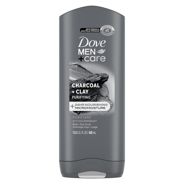 Dove Purifying Charcoal + Clay Body and Face Wash with 24-Hour Nourishing Micromoisture Technology Body Wash for Men, 13.5 oz