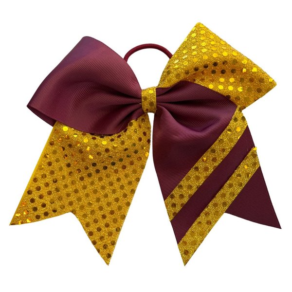 New "CONFETTI STRIPES Burgundy Yellow Gold" Cheer Bow Pony Tail 7 Inch Girls Hair Bows Cheerleading Dance Practice Football Games Competition Birthday Tick Tock Grosgrain Ribbon