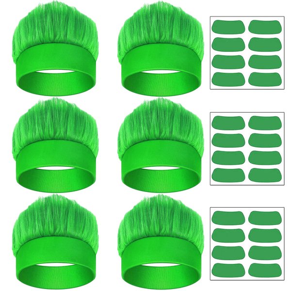 Popuid 6 Pack Hairy Headband Troll Crazy Hair Wigs with Face Stickers, Halloween Easter Party Cosplay Costume Headwear Accessories for Men Women (Green)