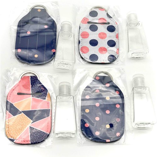 Set of 4 Keychain Sanitizer Bottle Holders with Graphics & 4 Travel Size Empty Bottles. Great for Party Favors or Bridesmaids. (Pink & Blue)