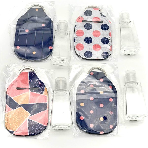 Set of 4 Keychain Sanitizer Bottle Holders with Graphics & 4 Travel Size Empty Bottles. Great for Party Favors or Bridesmaids. (Pink & Blue)