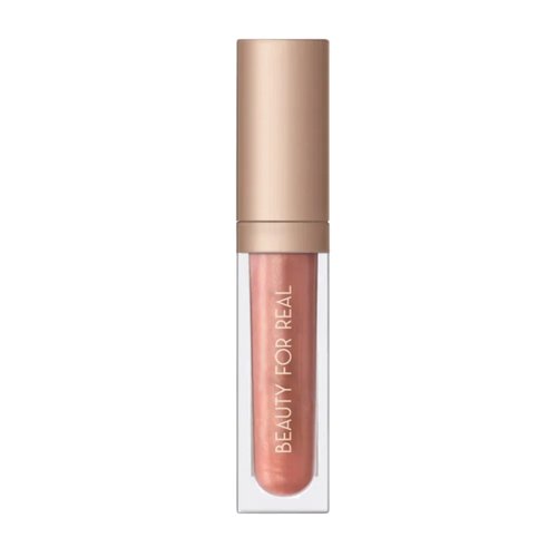Beauty For Real Lip Gloss + Shine, Turned On - Neutral Rose - Non-Sticky Plumping & Hydrating Gloss - Light & Mirror In Cap - Contains Marine Collagen - 0.15 fl oz