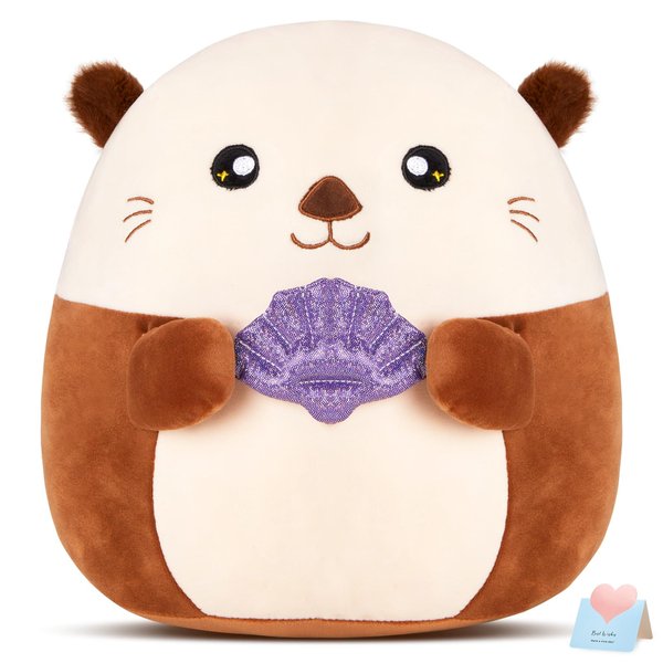 Glow Guards 12” Sea Otter Plush Pillow with Fuzzy Ears,Cute Otter Stuffed Animal,Soft Plushies Pillow Kawaii Otter Plush Toys with Glitter Purple Seashell,Otter Toys Gift for Girls Boys Birthday