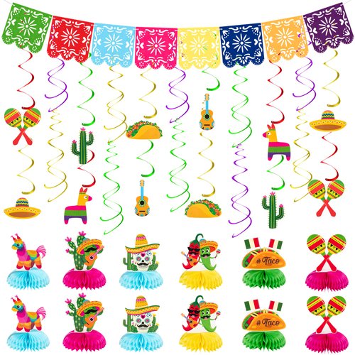 49 PCS Cinco De Mayo Party Decorations, Fiesta Party Decorations Fiesta Banner Hanging Swirls Honeycomb Table Centerpieces Cinco De Mayo Fiesta Party Birthday Decor for Mexican Party Supplies