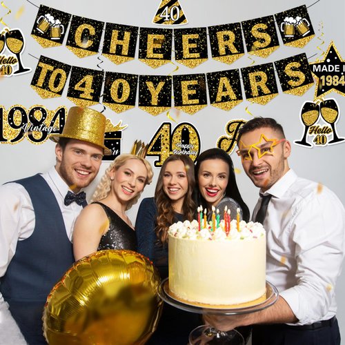 LARRAZABAL 40th Birthday Decorations for Men, Black Gold 1984 Birthday Decorations Include 40th Birthday Banner and Hanging Swirls for Men Women, 40th Birthday Party Supplies