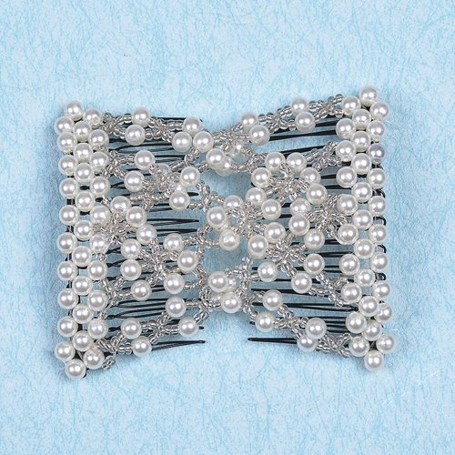 Ruihfas Delicate Women Girls Easy Stretch Pearls Combs Beaded Hair Comb Jewelry Double Clips (White)