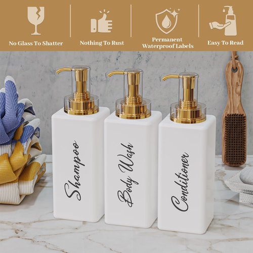 Akalin Refillable Shampoo and Conditioner Bottles, 16oz White and Gold Soap Dispenser Bathroom, Shampoo and Conditioner Dispenser for Bathroom Lotion Body Wash Massage Oils (White)